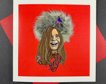 May include: A colourful illustration of a woman with long brown hair wearing a grey fur hat and a beaded necklace. The background is a solid red.