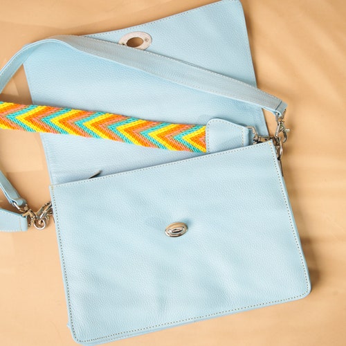 Handmade shops Leather Handbag with Wayuu-Crocheted Strap Sky Blue