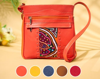 Artisanal Leather Clutch Handcrafted With Colorful Mola Fabric | Lightweight With Expandable Pocket Great for Travel and Concerts|9x9"