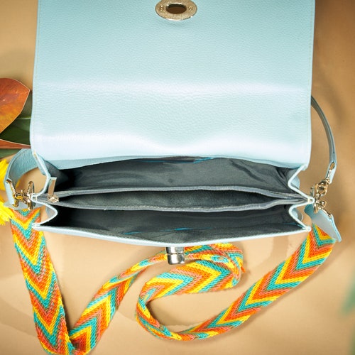 Handmade shops Leather Handbag with Wayuu-Crocheted Strap Sky Blue