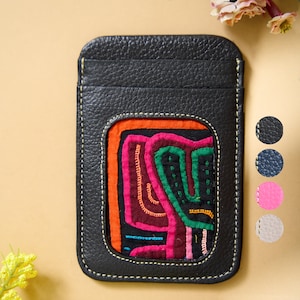 Billetera de cuero artesanal para bolsillo o tarjetas: Edición Panama Molas – Capacidad para 10 tarjetas