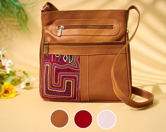 Artisanal Leather Crossbody Handcrafted With Colorful Mola Fabric | Lightweight With Expandable Pocket Great for Travel and Concerts|11x10