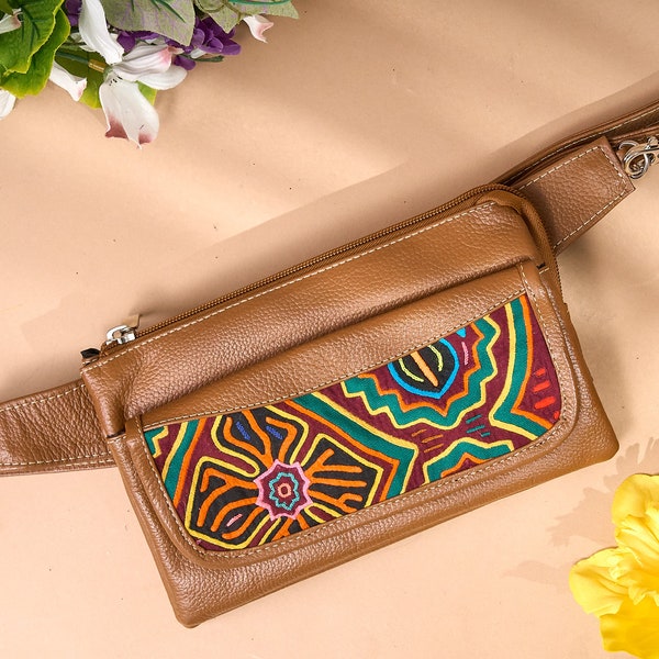 Mola meet Leather Unique Fanny Pack- Experience a Handcrafted in Panama by Kuna Women- Vibrant Molas Add a Pop of Color and Culture