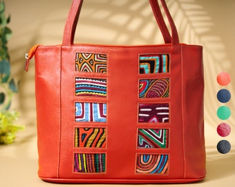 Shoulder Tote  bag  Handmade Leather and Molas from Panama