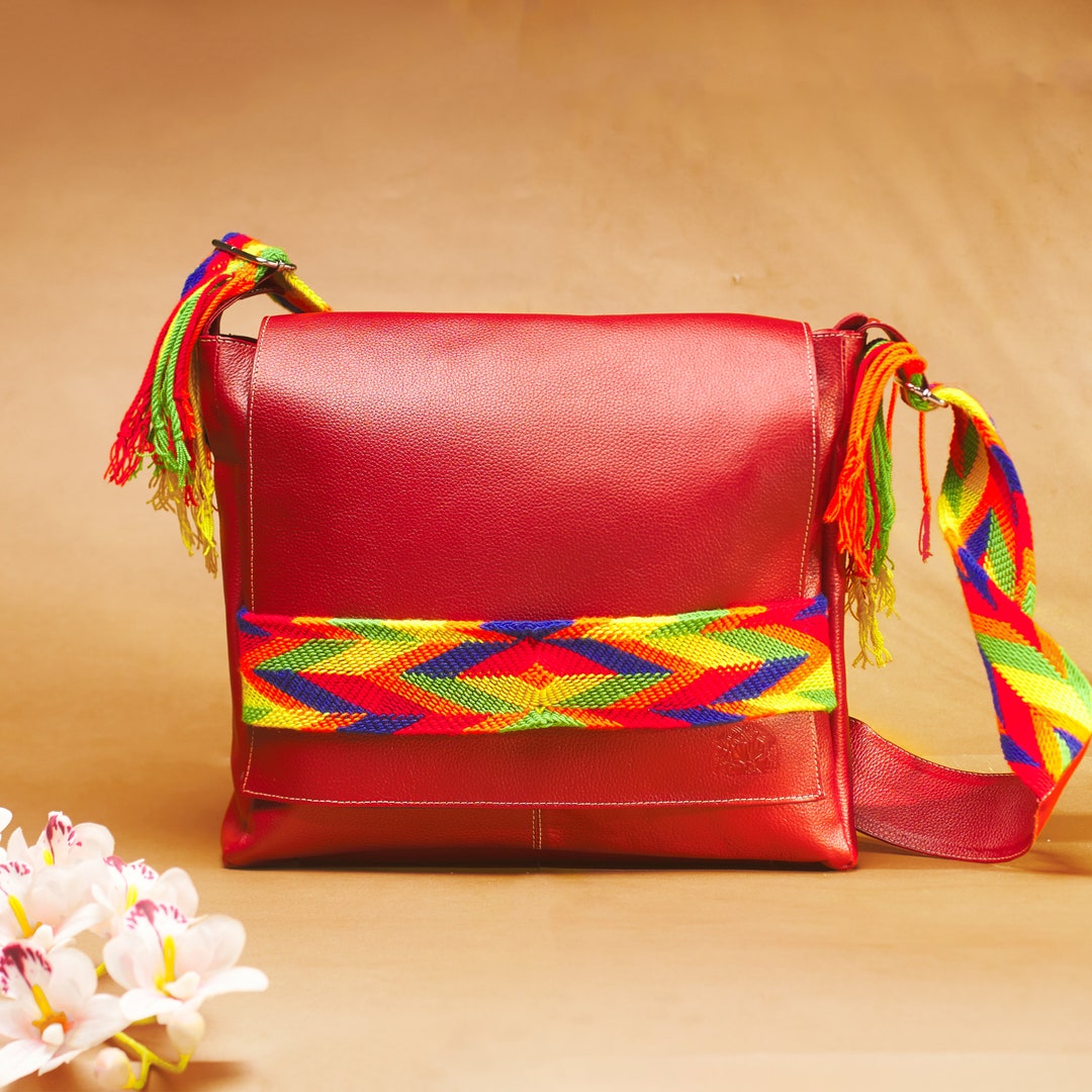 Handmade Leather Crossbody Purse With Wayuu Strap Ethical, Artisanal