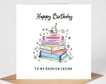 Book Lovers Birthday Card, Personalised Bookworm Birthday, Cute Stack of Books with Candle, Reader Gift Card, Bibliophile Birthday Station