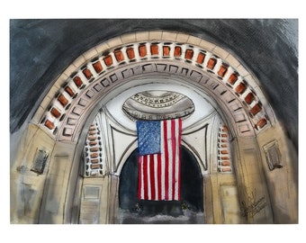 Puede incluir: Una pintura de acuarela de un arco con una bandera estadounidense colgando en el centro. El arco está hecho de ladrillo y piedra, y la bandera es roja, blanca y azul. La pintura está hecha en un estilo realista, con un enfoque en el detalle.