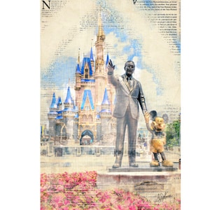 Op de afbeelding: Een vintage-stijl illustratie van Walt Disney en Mickey Mouse die voor het kasteel van Assepoester staan. De afbeelding is in aquarelstijl met een vervaagde achtergrond.