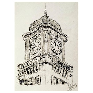 May include: Black and white ink drawing of a clock tower with two clock faces. The drawing is detailed and includes the tower's intricate architecture.