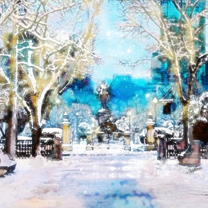 Boston Public Gardens in the Wintertime (Print of a Bostonian themed painting) Boston Marathon. Snowy New England scene *Unique, handmade*