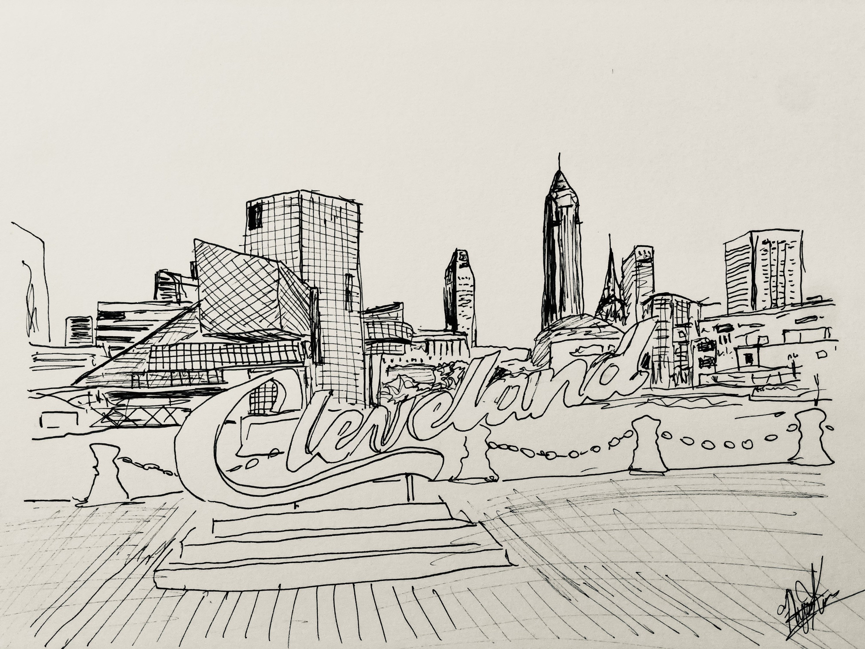 Hand Sketch of Cleveland Ohios Famous Skyline From Across