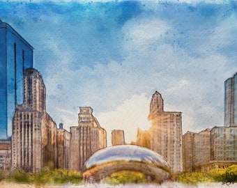 May include: A watercolor painting of the Chicago skyline with the Cloud Gate sculpture in the foreground. The sun is setting behind the buildings, casting a warm glow on the scene.