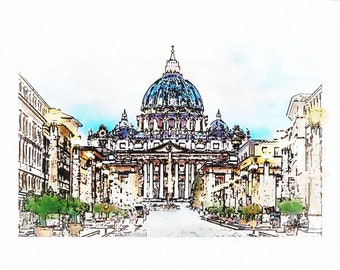 May include: A watercolor painting of St. Peter's Basilica in Rome, Italy. The basilica is a large, white building with a large dome. The dome is blue and white and has a cross on top. The basilica is surrounded by trees and other buildings.