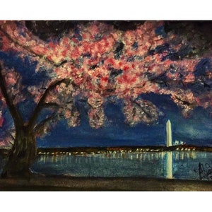 Washington Monument's Glimmering at Dusk (Cherry Blossoms, Architecture and Nightlights of Washington DC) Print of Hand painted Watercolors