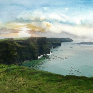 Mother of Ireland Watercolor (Hand painted, Cliffs of Maher  capturing nature and Surrounding Historic land, Irish charm) | Unique art print