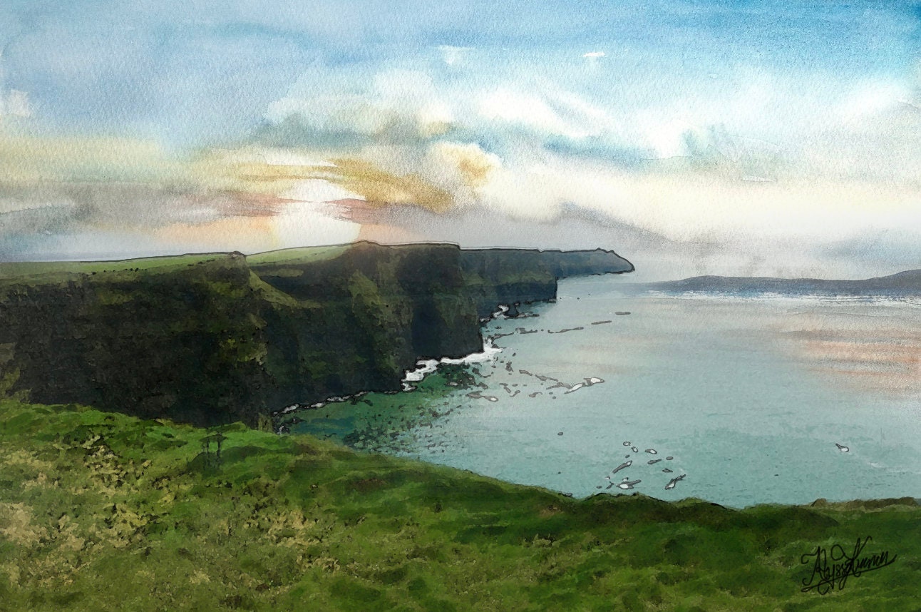 Mother of Ireland Watercolor (Hand painted, Cliffs of Maher  capturing nature and Surrounding Historic land, Irish charm) | Unique art print