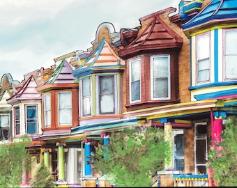 Painted Ladies of Charles Village- Baltimore Maryland rowhomes  . Architecture and history - watercolor charm city bmore (print)