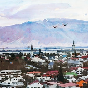 Reykjavík Iceland Architecture Escape (Hand painted, capturing nature and Surrounding Historic land, mountains charm) | Unique art print