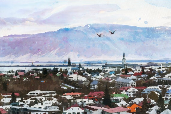 Reykjavík Iceland Architecture Escape (Hand painted, capturing nature and Surrounding Historic land, mountains charm) | Unique art print