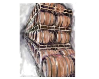 Watercolor of Napa Valley California Wine Cellar (great gift, rustic vintage touch ) Rutherford winery- Barrel, wood, rustic, handmade print