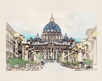 May include: A watercolor illustration of the Basilica di San Pietro in Rome, Italy. The iconic dome of the basilica is visible in the center of the image, with surrounding buildings and trees.