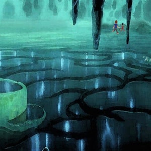 May include: A watercolour painting of a dark green cave with a light green pool of water in the foreground. Two figures walk away from the viewer in the distance. The text "A dream worth keeping" is written in the upper right corner of the image.