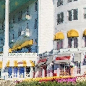 May include: A watercolor painting of a large white building with yellow awnings and a yellow striped awning over a storefront. The building has many windows and a balcony. The building is surrounded by flowers.