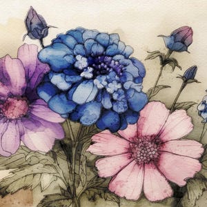 May include: Watercolour painting of a bouquet of flowers. The bouquet includes pink, purple and blue flowers. The flowers are painted in a realistic style.