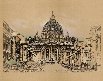 May include: A black and white sketch of the St. Peter's Basilica in Rome, Italy. The basilica is a large, domed church with a long, rectangular facade. The sketch is done in a realistic style and captures the details of the basilica's architecture.