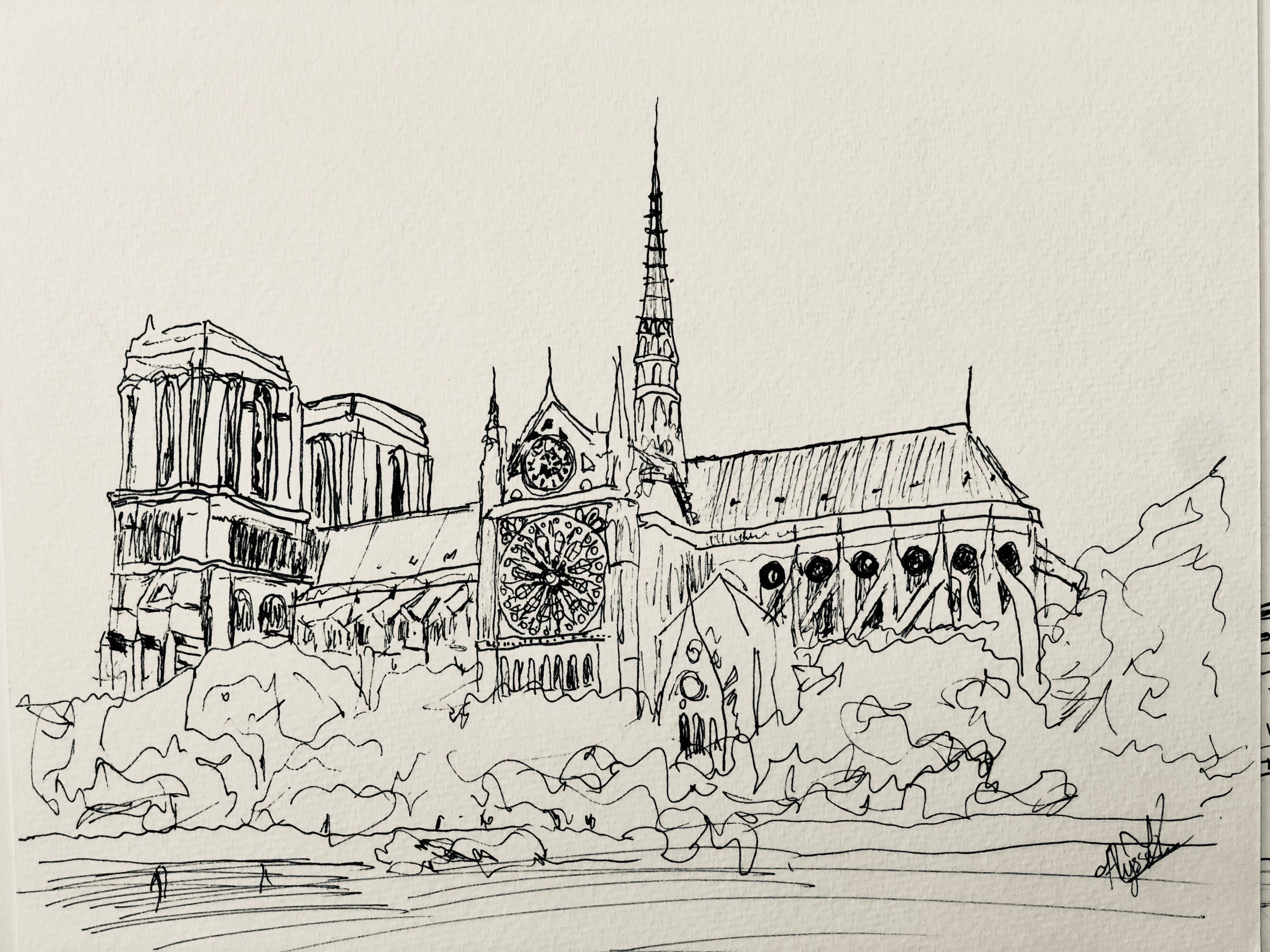 Drawing Notre Dame Cathedral from the river perspective by Hipple25   OurArtCorner