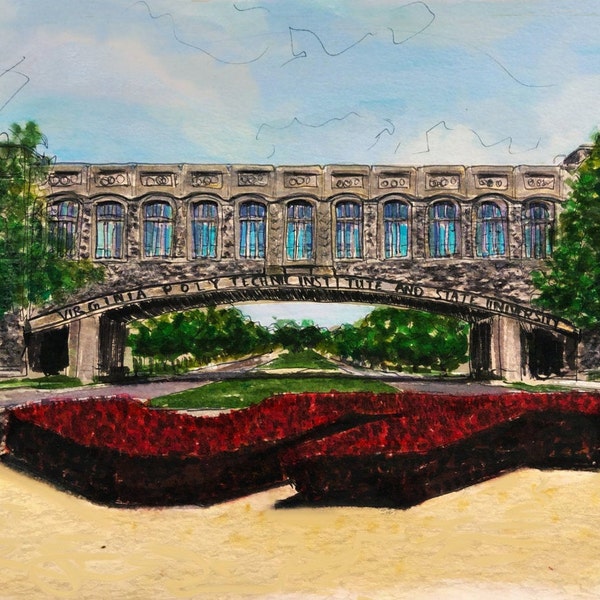 Unique Watercolor painting of Virginia Tech bridge | Alumni gift, graduates, historic campus |  Architectural detail, ink sketch |  Print