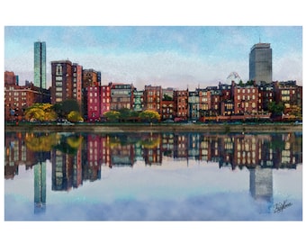May include: A watercolor painting of a cityscape with buildings reflected in a body of water. The buildings are a mix of red, brown, and gray, and the water is a light blue. The sky is a light blue with some clouds.