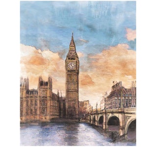 Big Ben Watercolor (Hand painted scene London, England capturing the Clocktower and Surrounding Historic Architecture at Sunset) **print**