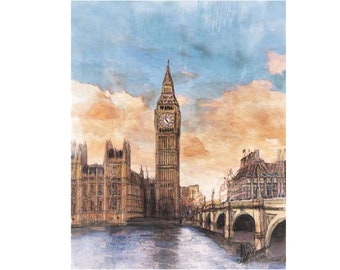 Big Ben Watercolor (Hand painted scene London, England capturing the Clocktower and Surrounding Historic Architecture at Sunset) **print**