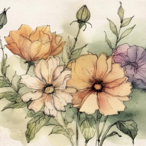 May include: Watercolour painting of a bouquet of flowers with delicate petals in shades of peach, yellow, and purple. The flowers are arranged in a loose, natural style, with stems and leaves extending outward. The background is a soft, muted green.