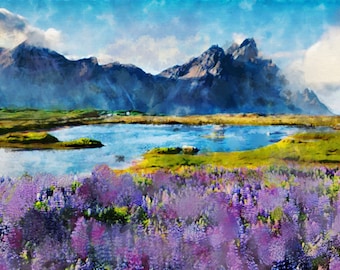 Iceland Snowcapped Mountains Watercolor (Handpainted, reykjavik capturing and Surrounding Historic nature, sunrise charm) | Unique art print