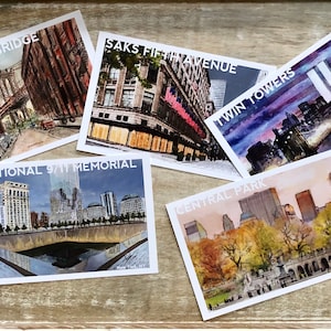 Nueva York, NY: juego de 5 postales de acuarela de bellas artes (4 x 6 pulgadas). Brooklyn, hecho a mano, recuerdo de Nueva York, regalo para amantes de los viajes