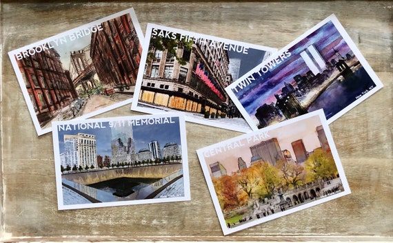 New York City NY Fine Art Watercolor Painting Postcard Set of 5