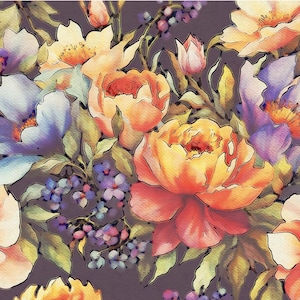 May include: A watercolour painting of a bouquet of flowers in shades of pink, orange, yellow, blue, and purple. The flowers are arranged in a loose, natural style, and the background is a soft grey.