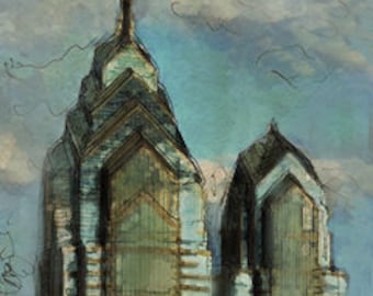 One Liberty Plaza-Liberty Place Philadelphia, PA Skyscrapers Center Iconic Architecture Art. Sunset, unique, handmade (prints)