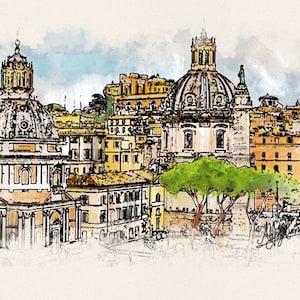May include: A watercolour illustration of a cityscape with several buildings, including a large domed church with a statue on top. The buildings are painted in shades of yellow, brown, and white, and the sky is a light blue. There are trees in the foreground.