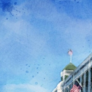 May include: A watercolor painting of a white building with a blue sky and white clouds. The building has a flagpole with an American flag on it. The building is painted in a realistic style.