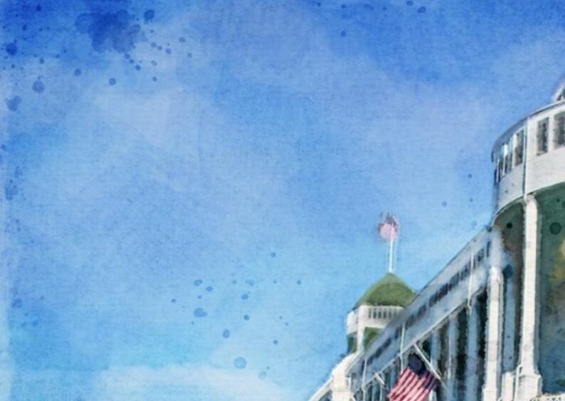 May include: A watercolor painting of a white building with a blue sky and white clouds. The building has a flagpole with an American flag on it. The building is painted in a realistic style.