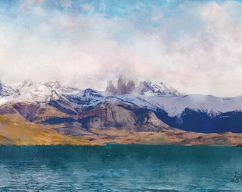 Patagonia Mountains Watercolor (Hand painted,  capturing nature and Surrounding Historic land, Argentina and Chile charm) | Unique art print