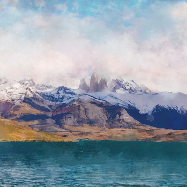 Patagonia Mountains Watercolor (Hand painted,  capturing nature and Surrounding Historic land, Argentina and Chile charm) | Unique art print