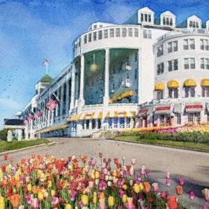 May include: A watercolor painting of a large white building with yellow awnings and a row of colorful flowers in the foreground. The building has a large porch with columns and a balcony on the upper level. The flowers are in bloom and are a variety of colors, including red, yellow, pink, and purple.