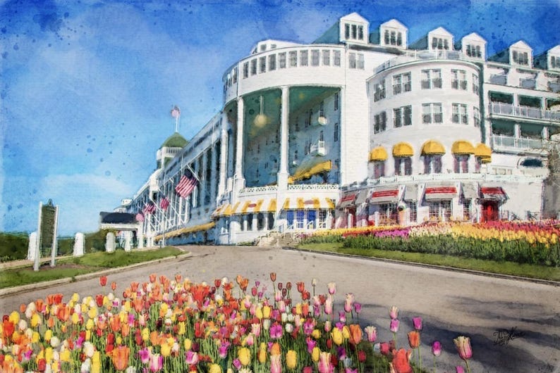 May include: A watercolor painting of a large white building with yellow awnings and a row of colorful flowers in the foreground. The building has a large porch with columns and a balcony on the upper level. The flowers are in bloom and are a variety of colors, including red, yellow, pink, and purple.