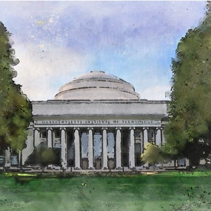 May include: A watercolour painting of the Massachusetts Institute of Technology (MIT) building. The building has a large dome and a row of columns. The building is surrounded by green grass and trees.