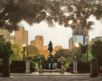 Boston Public Gardens (Print of a Bostonian themed painting) Boston Marathon route with scenery and glimpse of a skyline *Unique, handmade*