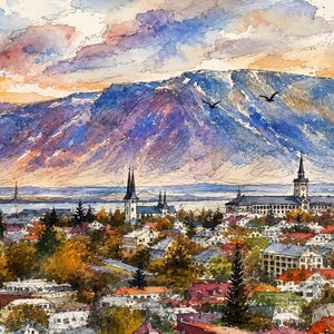May include: Watercolor painting of a cityscape with a mountain backdrop. The artwork features a town with buildings and trees in autumn colors. The sky has a mix of orange, pink, and blue hues, with two birds flying above the mountain.